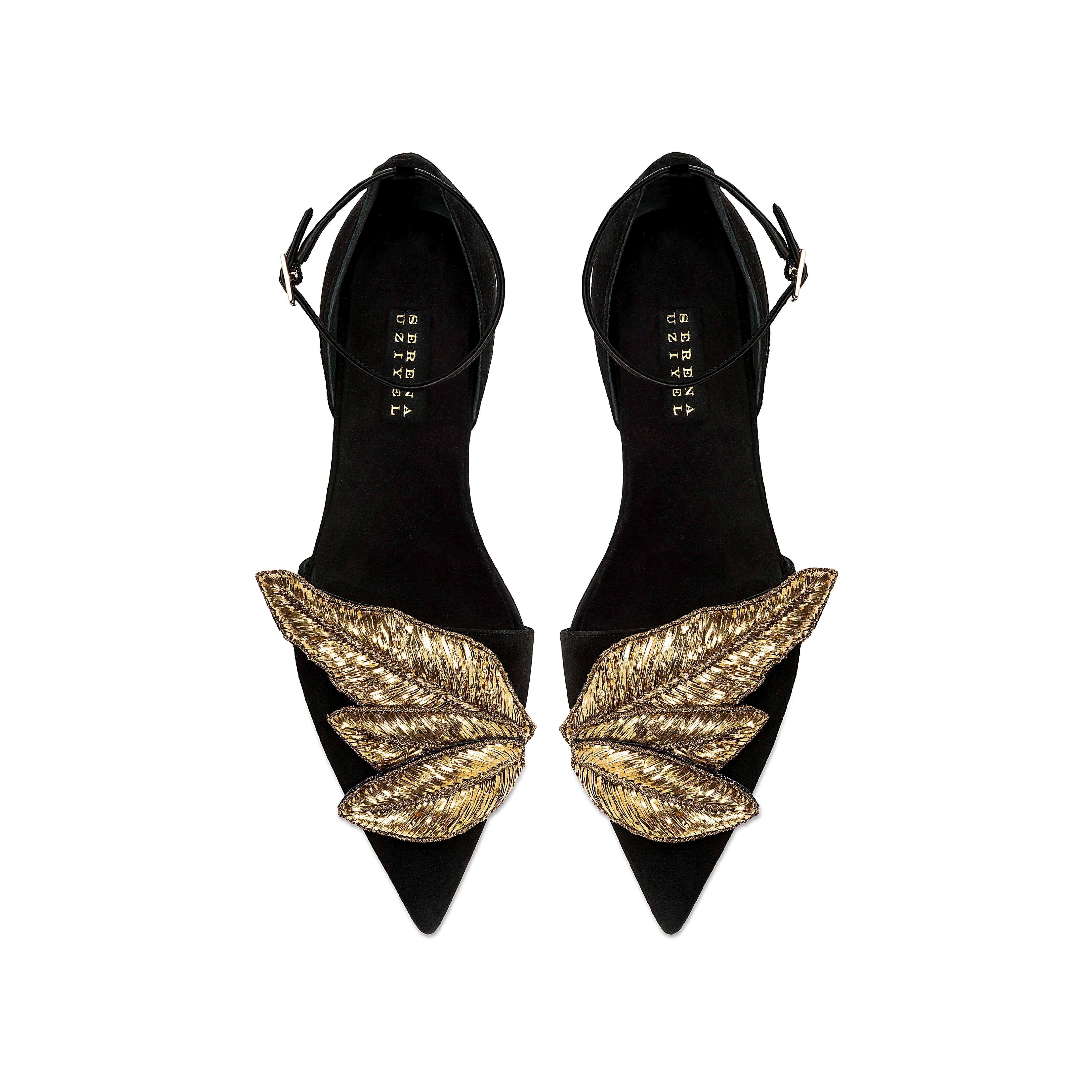 Valeria Black Flat Ankle Ballerina with gold leaf embellishments, showcasing elegance and comfort in suede design.