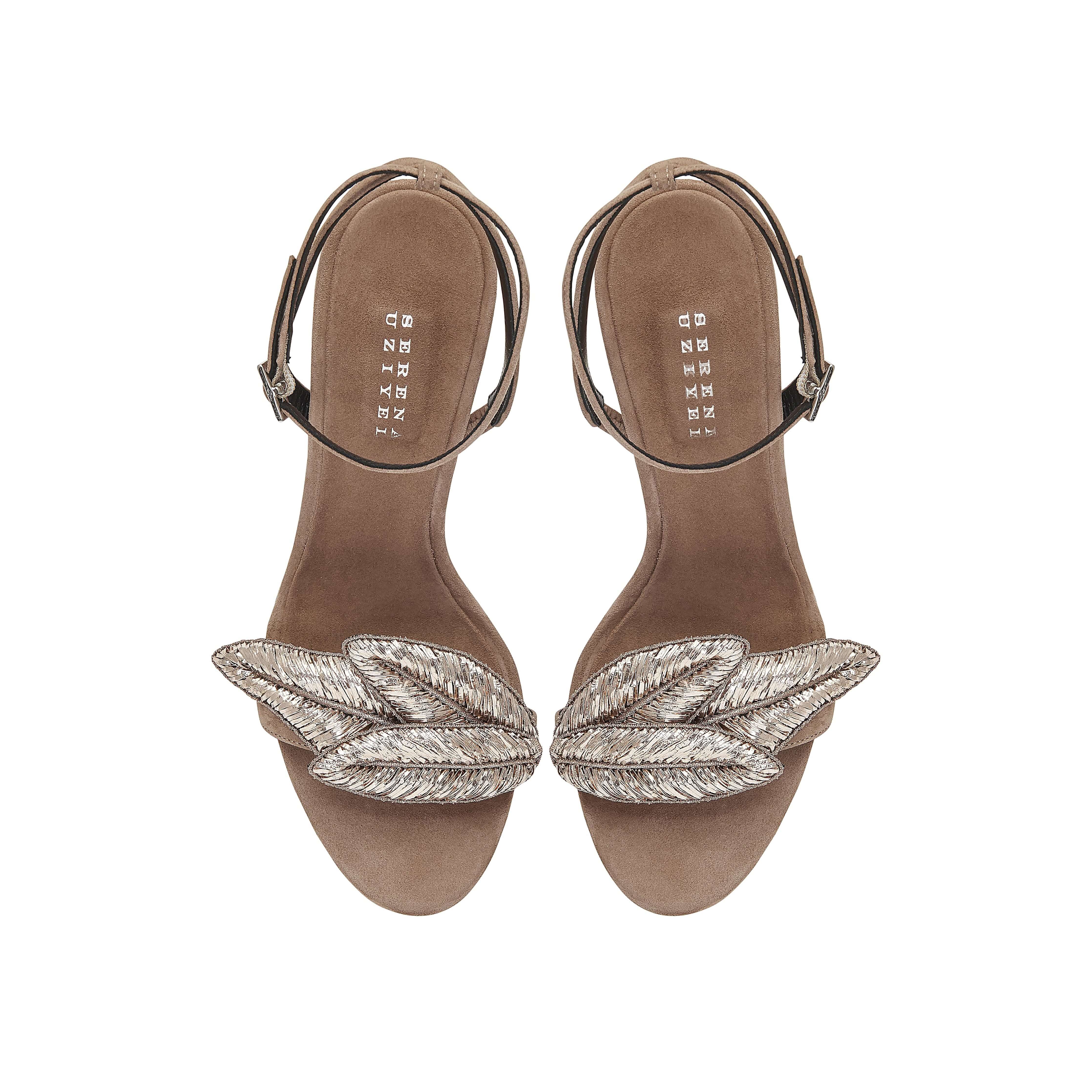 Valeria Praline High-Heel Ankle Cross Sandal with metallic leaf embroidery, perfect for chic evening attire.
