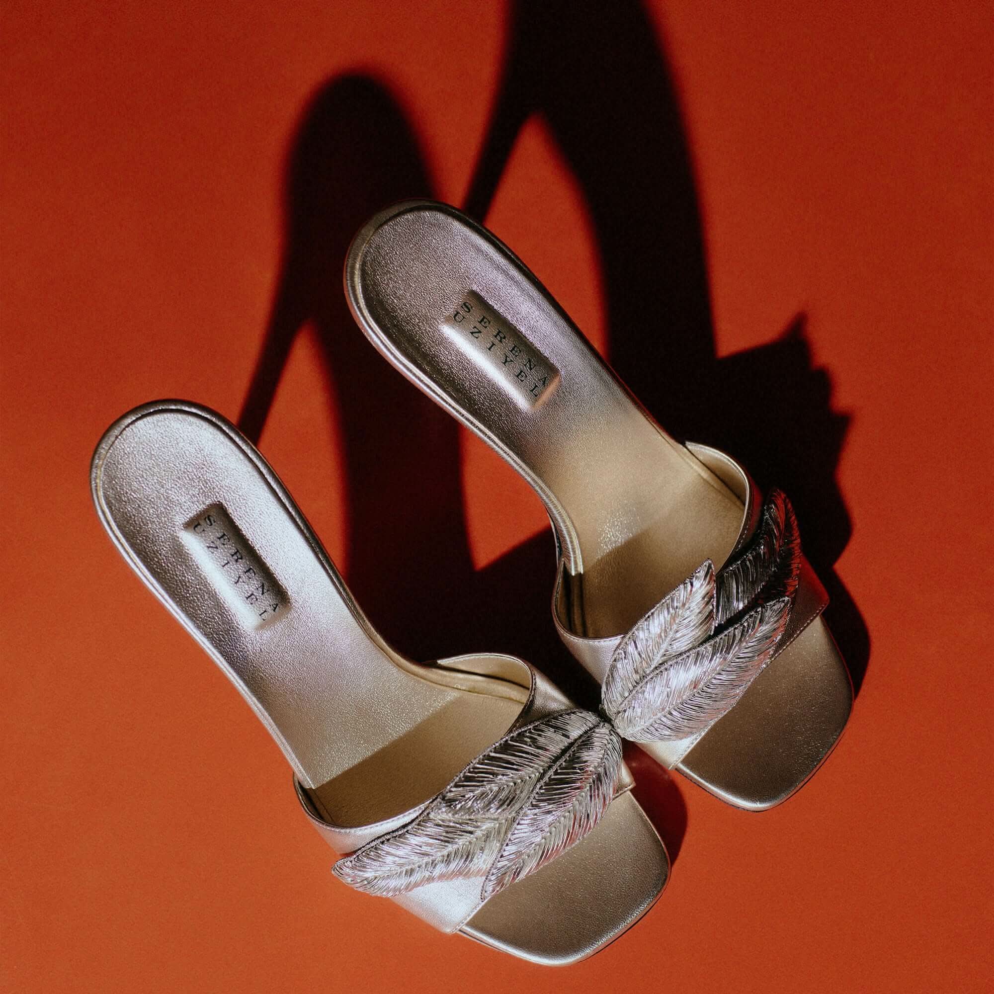 Valeria Sahara High-Heel Sandal featuring metallic leaf embroidery on a sleek design, showcasing elegance and nature-inspired beauty.