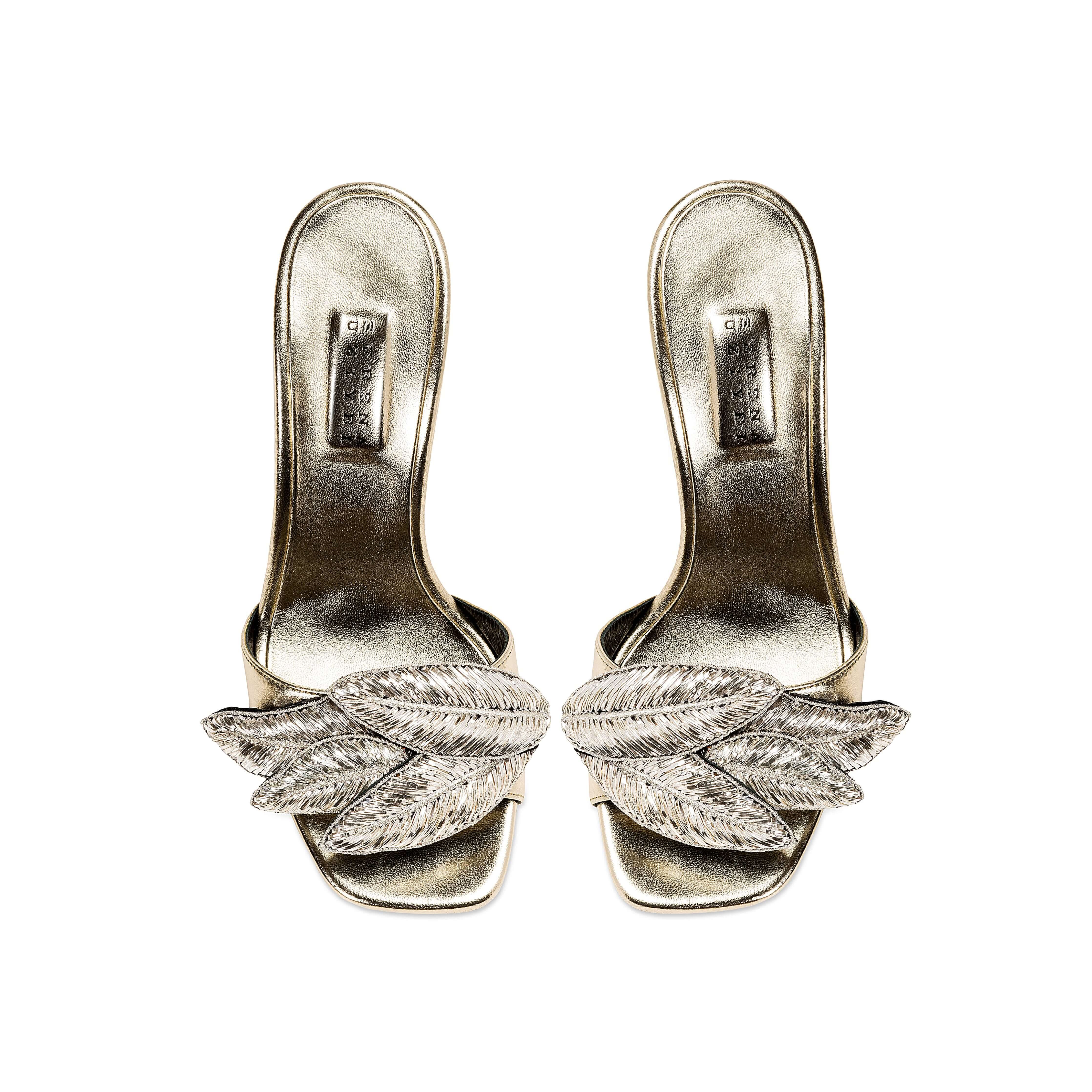 Valeria Sahara High-Heel Sandal with metallic leaf embroidery, reflecting nature's beauty and strength.