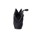 Petra Black Pouch Bag in suede leather with stone embroidery, showcasing its elegant open design.