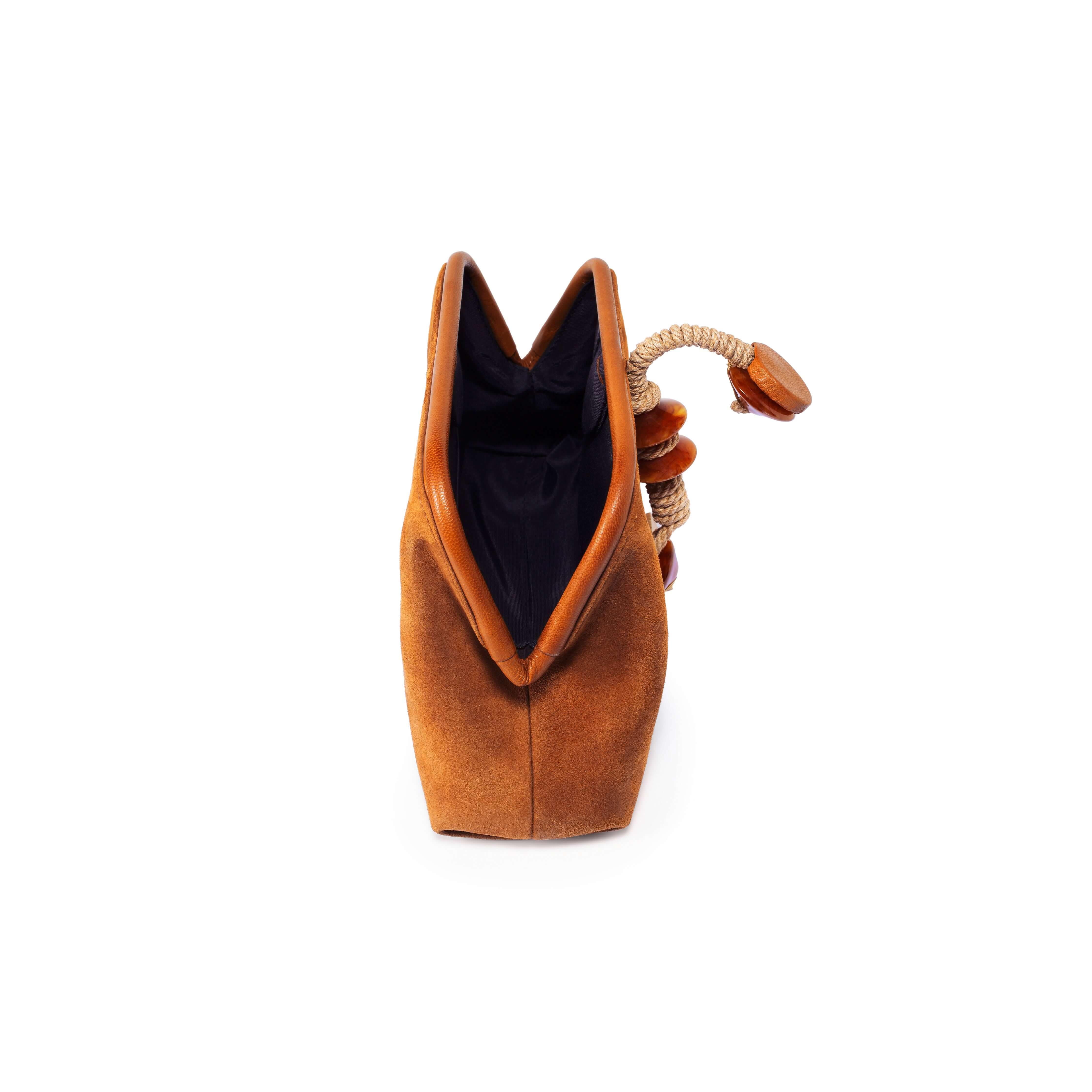 Petra Camello Pouch Bag in suede leather with stone embroidery, made in Italy, showcasing interior view.
