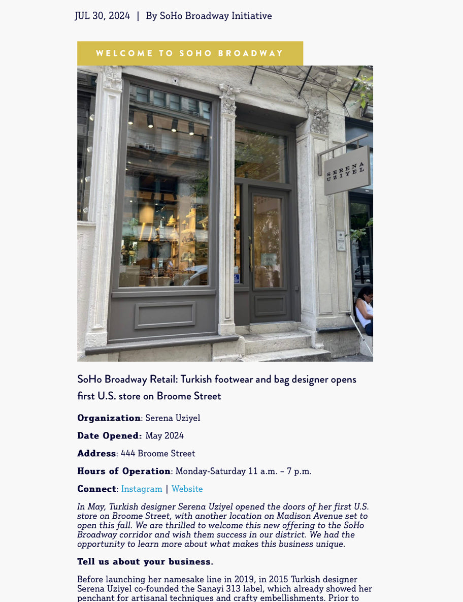 Broome Store Opening features on SoHo Broadway Initiative