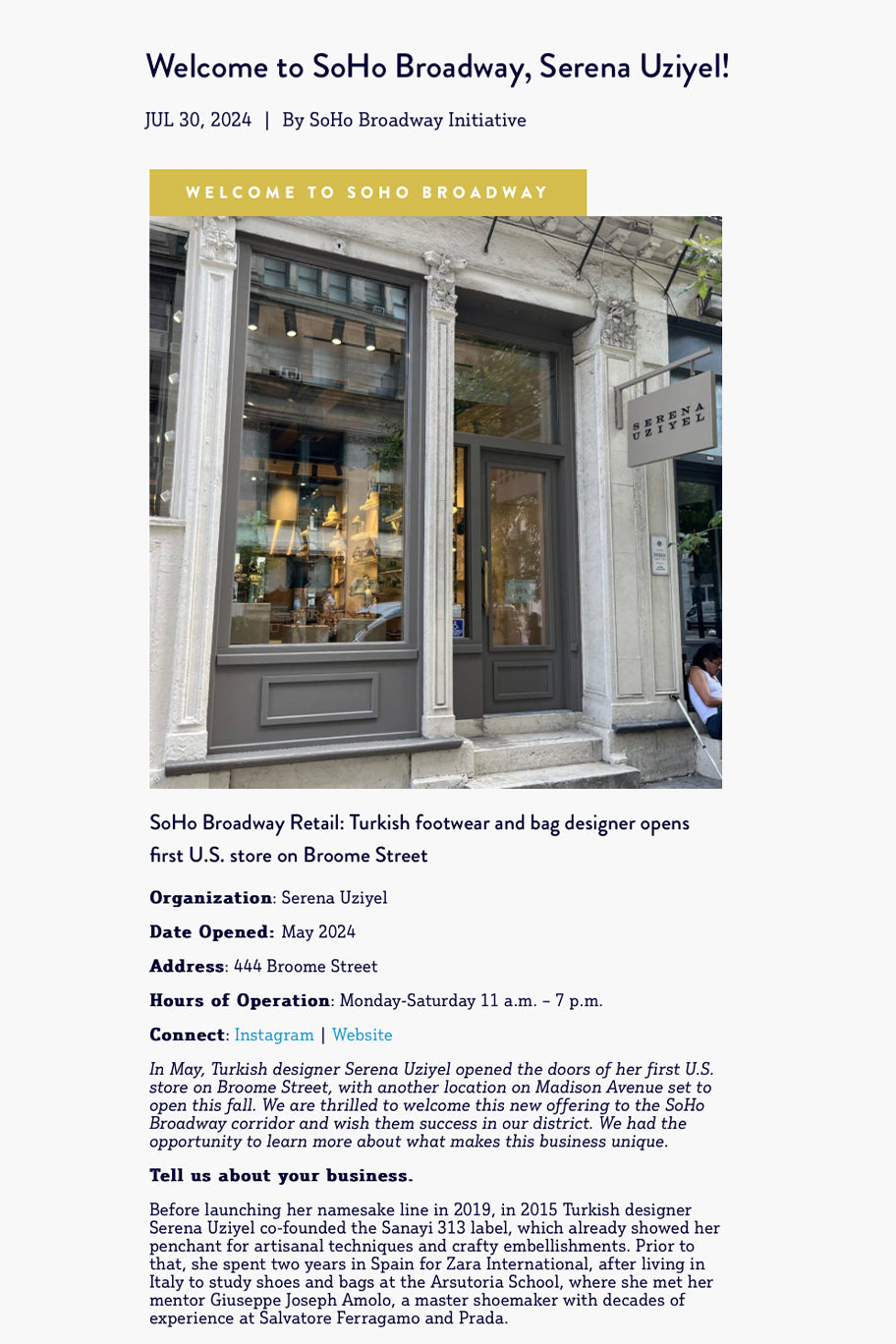 Broome Store Opening features on SoHo Broadway Initiative