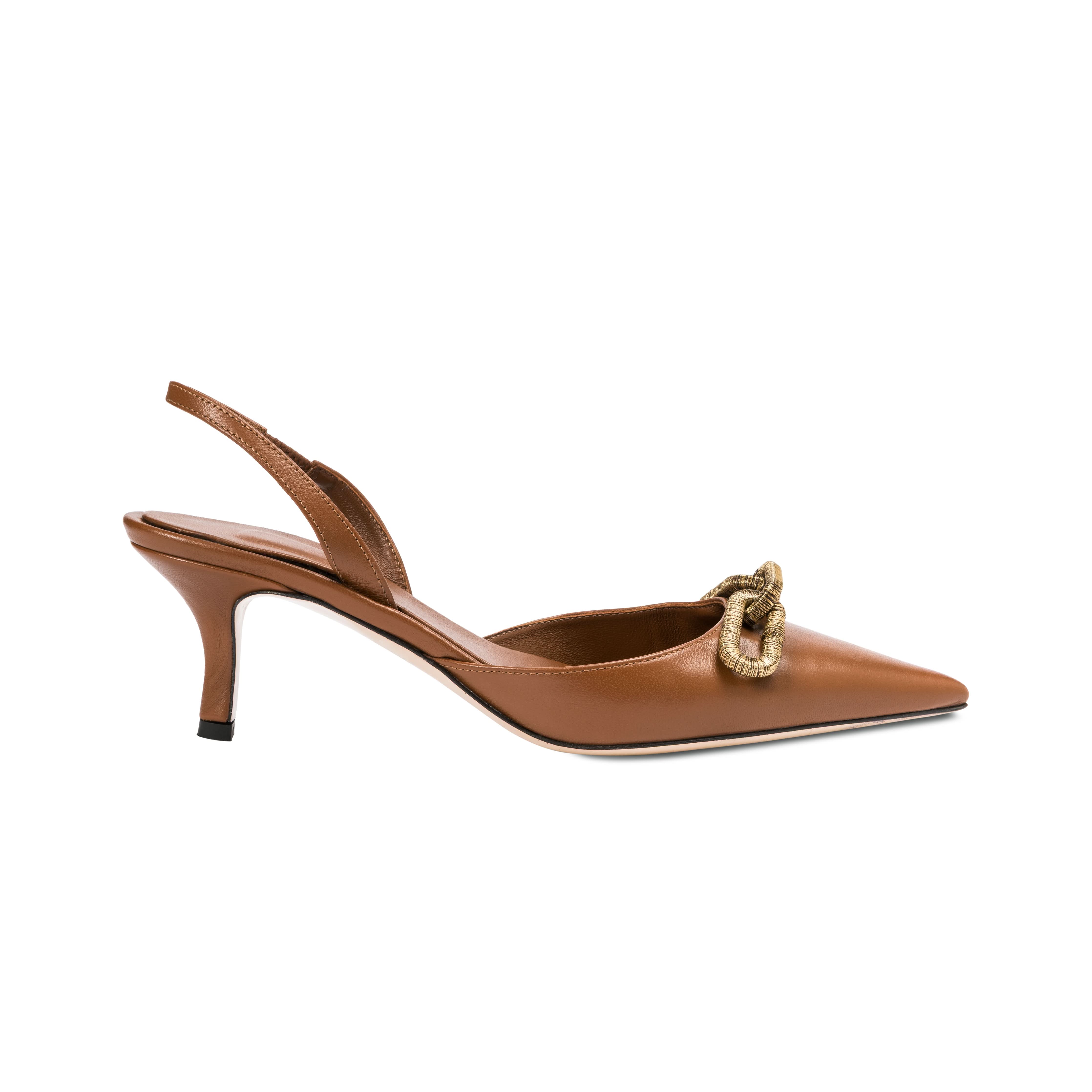 Catena Camello Slingback Mule Pump in brown leather with elegant chain detail and stylish kitten heel.
