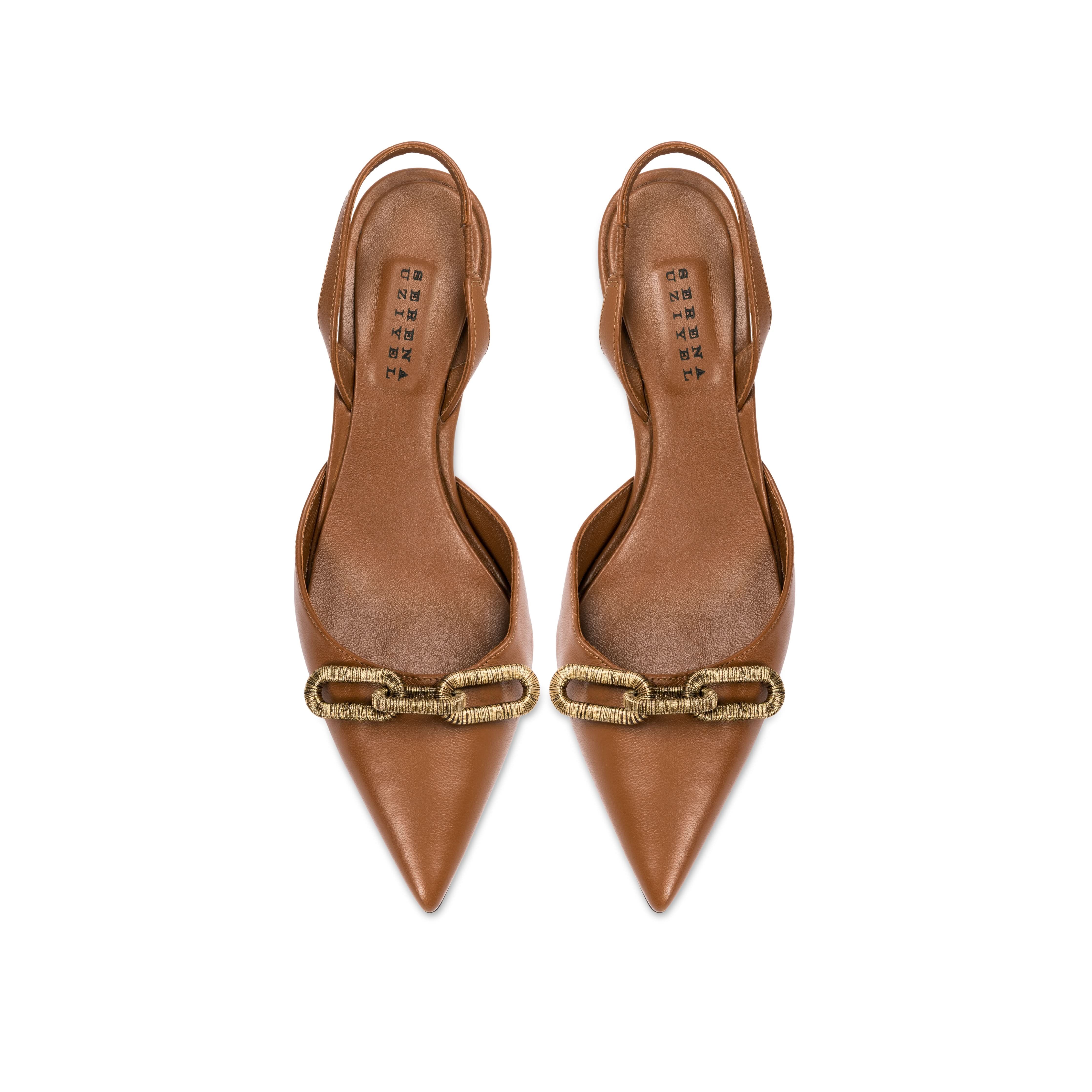 Elegant Catena Camello Slingback Mule Pump in soft brown leather with stylish chain detail.