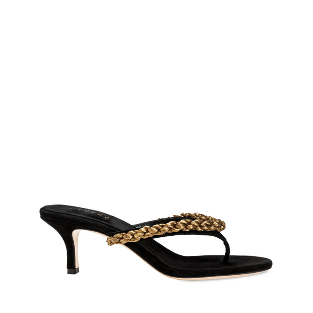 Thory Black Mid-Heel Thong Sandal