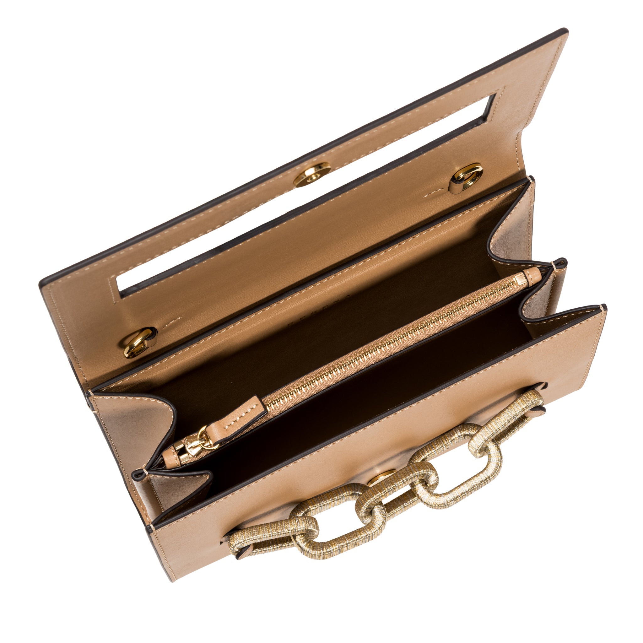 Catena Cappucino Day to Night Bag interior view showcasing the sleek envelope design and zipper pocket.