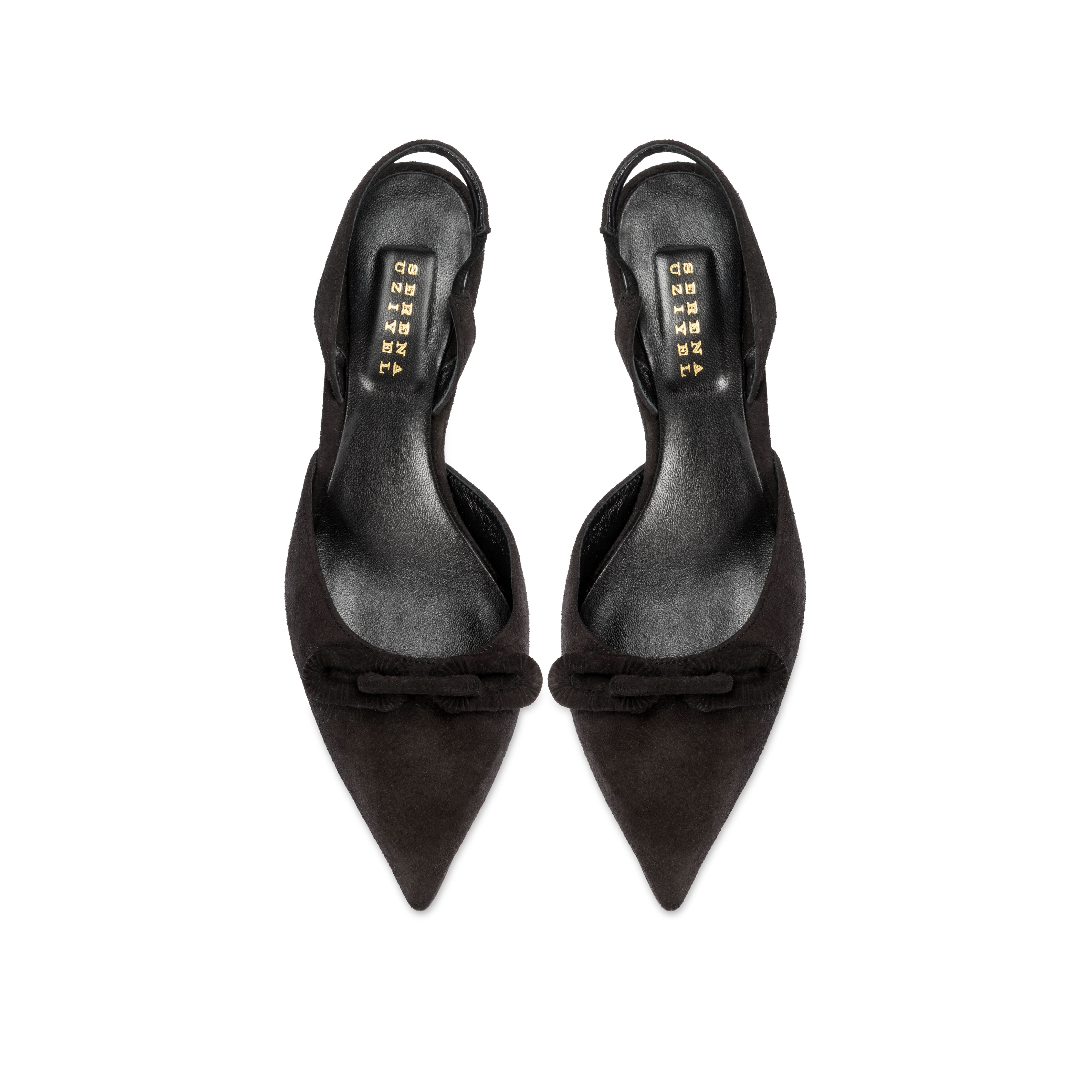Catena Black Slingback Mule Pump featuring elegant suede material and stylish bow detail for chic women's footwear.
