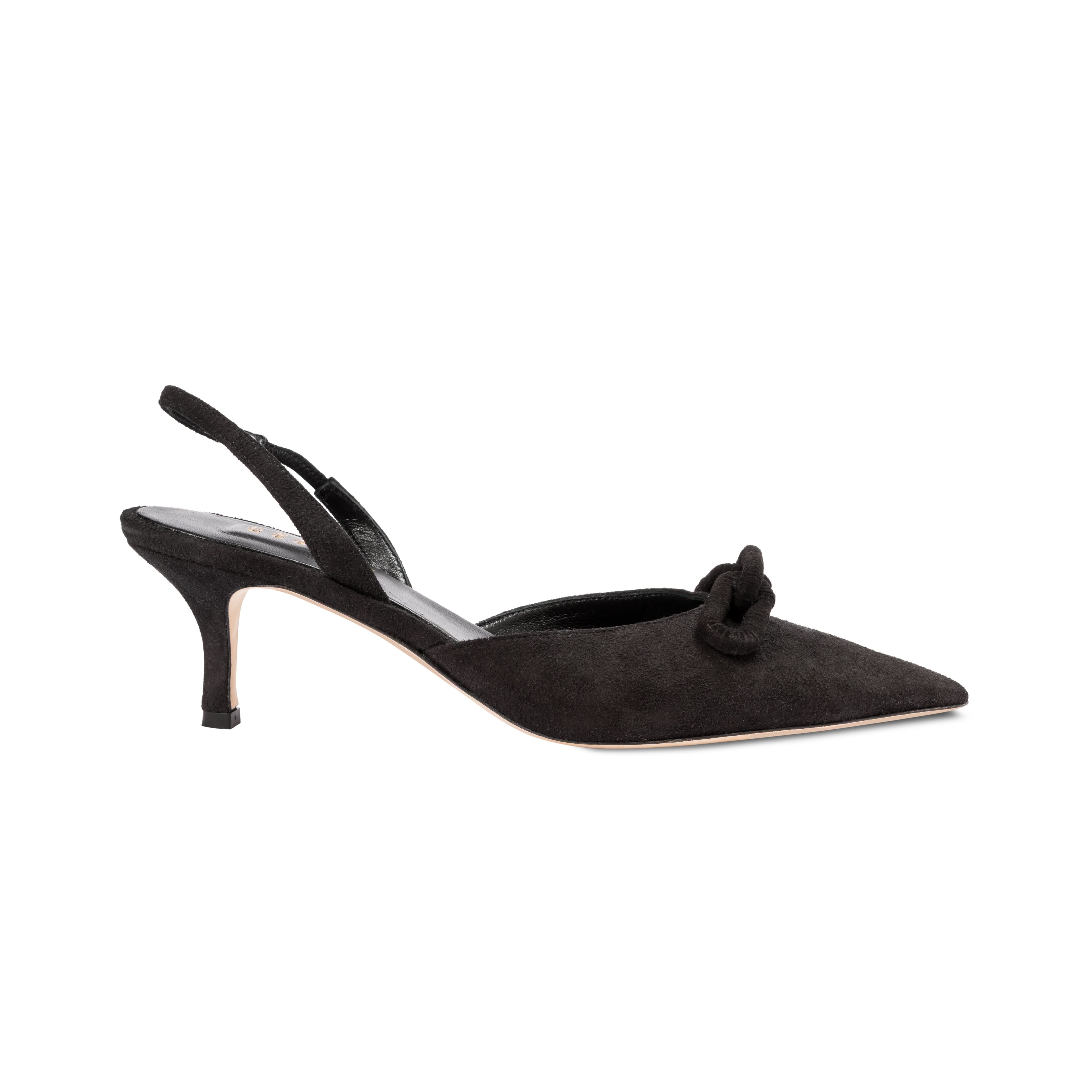 Stylish Catena black slingback mule pump with a pointed toe and decorative knot detail for elegant footwear.