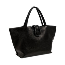 Black leather tote bag with a rope closure on a white background
