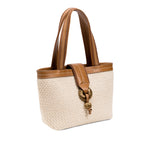 Boho chic small off white tote bag with leather handles and decorative buckle detail.