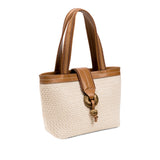 Boho chic small off white tote bag with leather handles and decorative buckle detail.