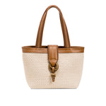 Boho Chic small off-white tote bag with brown leather straps and decorative clasp, ideal for casual outings.