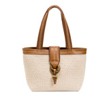 Boho Chic small off-white tote bag with brown leather straps and decorative clasp, ideal for casual outings.
