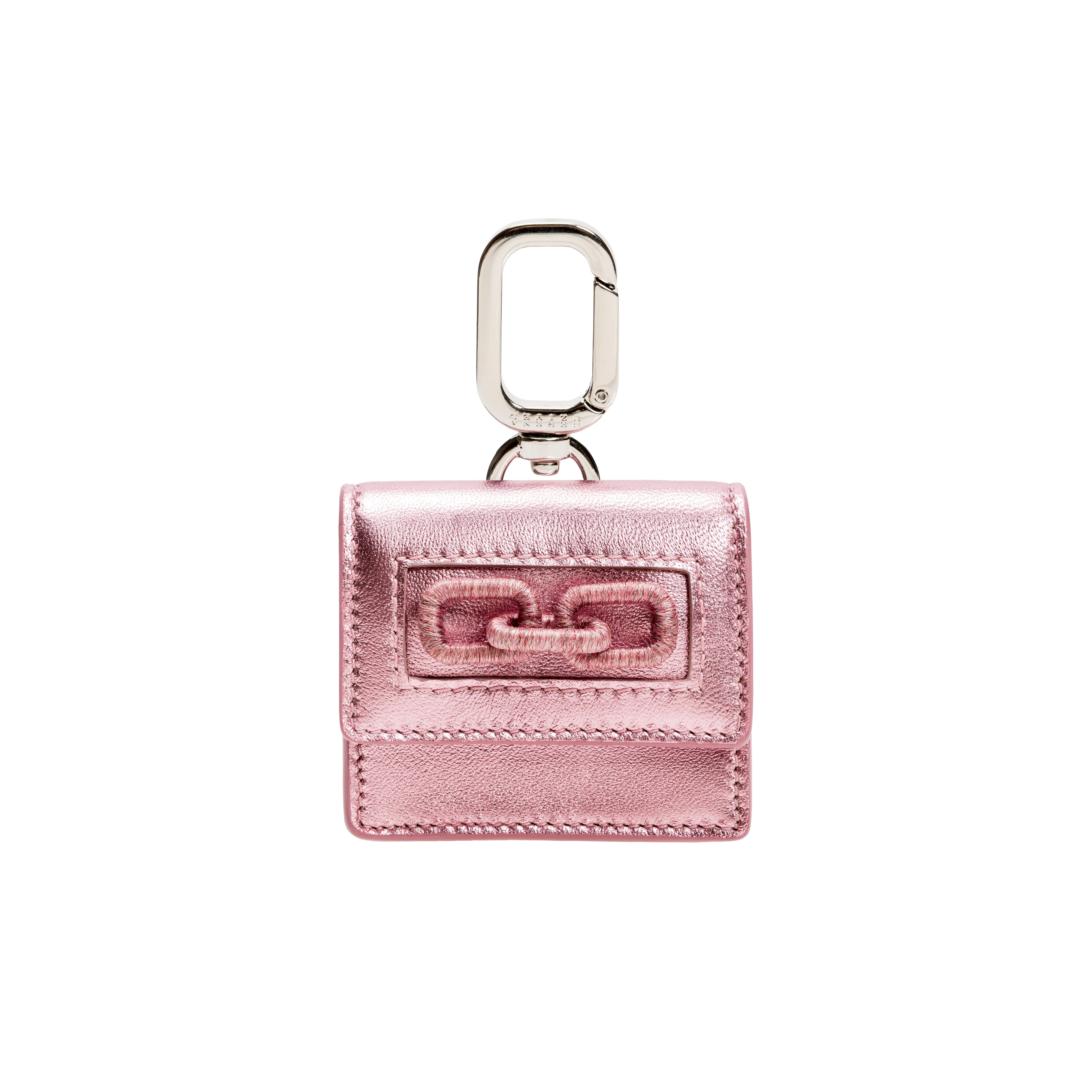 Catena Notte Metallic Pink AirPods Case with silver carabiner and signature chain detailing, blending style and function.