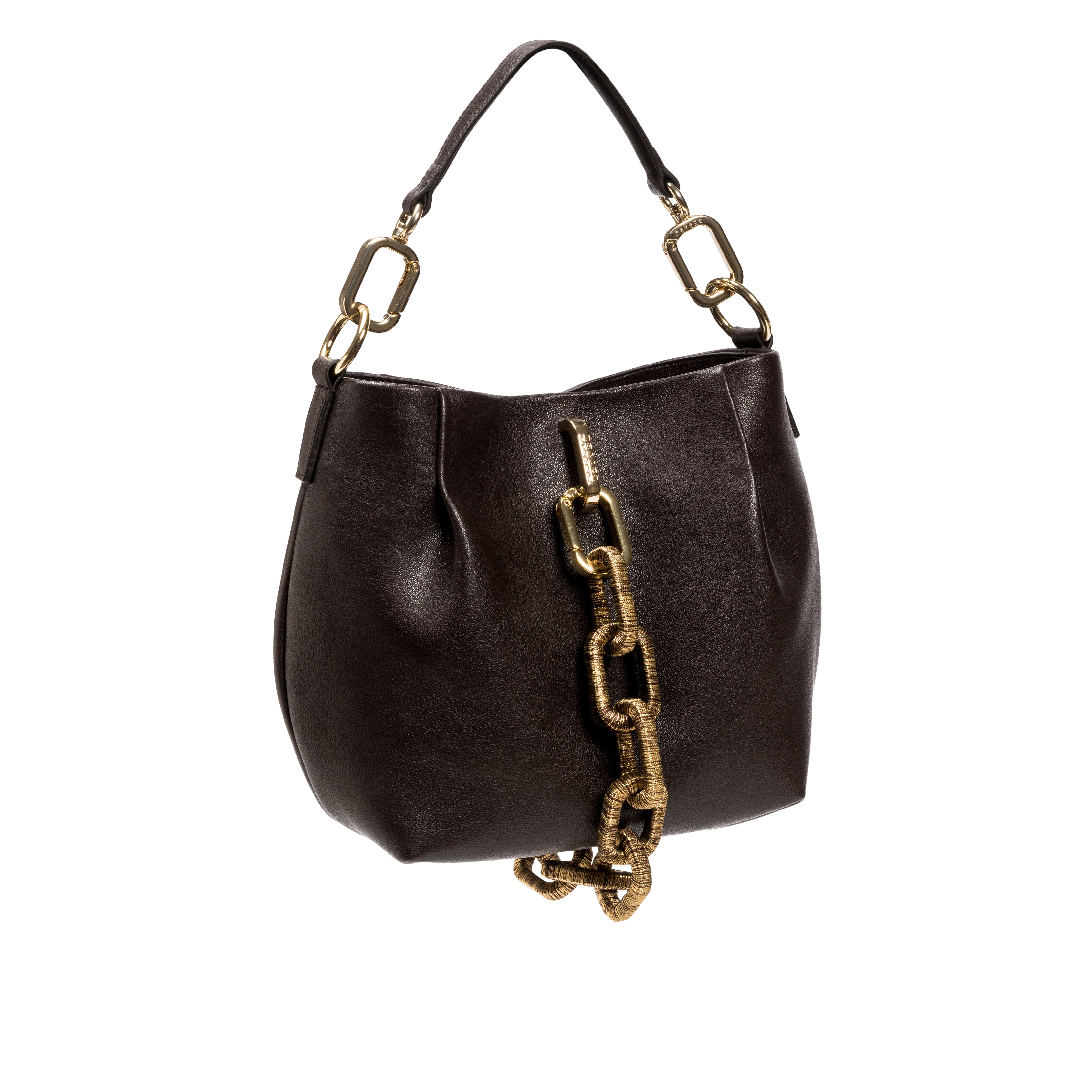 Dark Brown handbag with gold chain details on a white background
