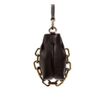 Brown leather bag with gold chain detailing on a white background
