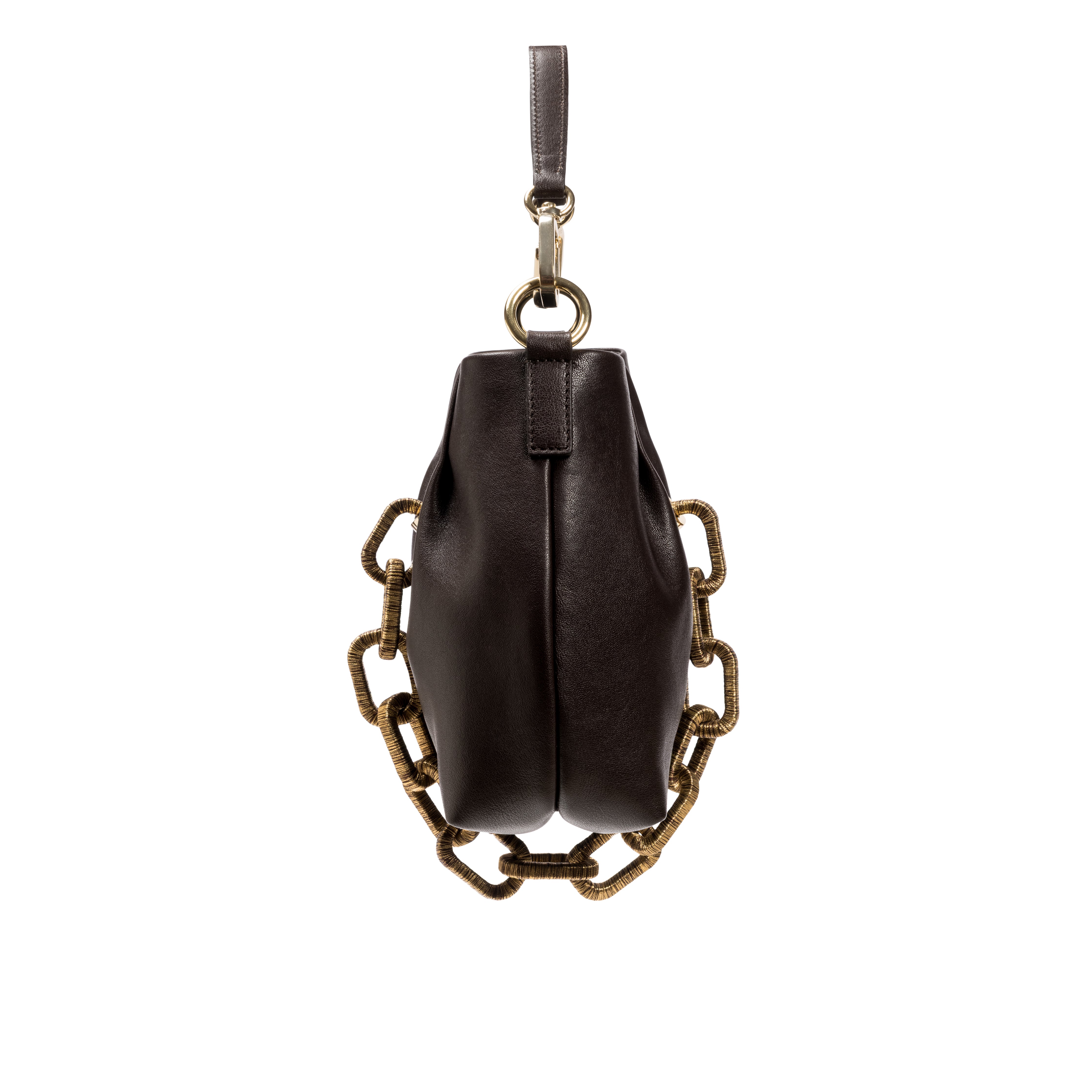 Brown leather bag with gold chain detailing on a white background