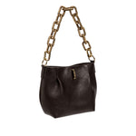 Dark Brown handbag with a gold chain handle on a white background