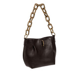 Dark Brown handbag with a gold chain handle on a white background