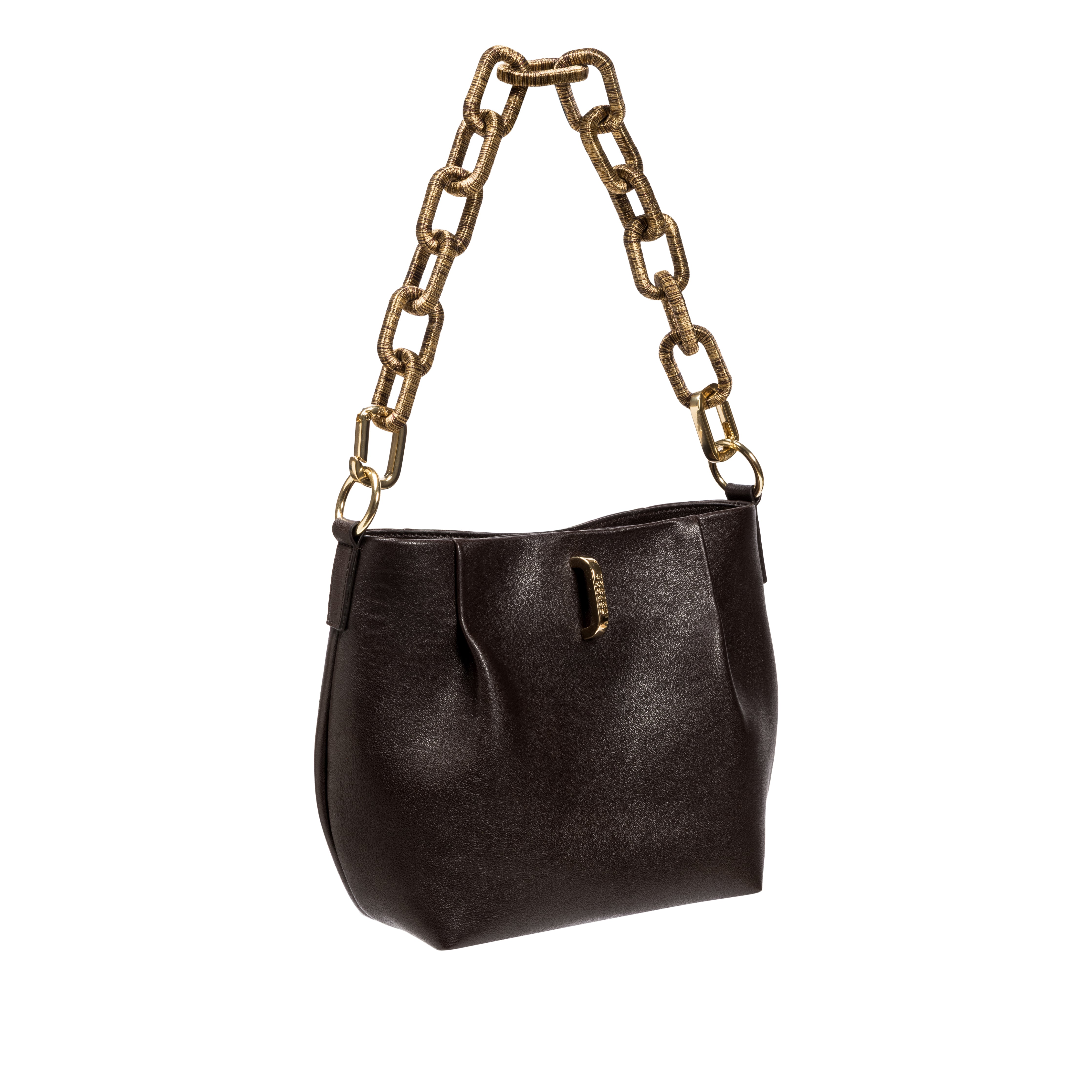 Dark Brown handbag with a gold chain handle on a white background