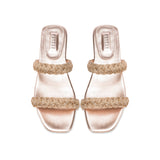 Ronda Blush Two Strap Flat Sandal with metallic braiding, elegant blush and silver tones, and refined block heel.