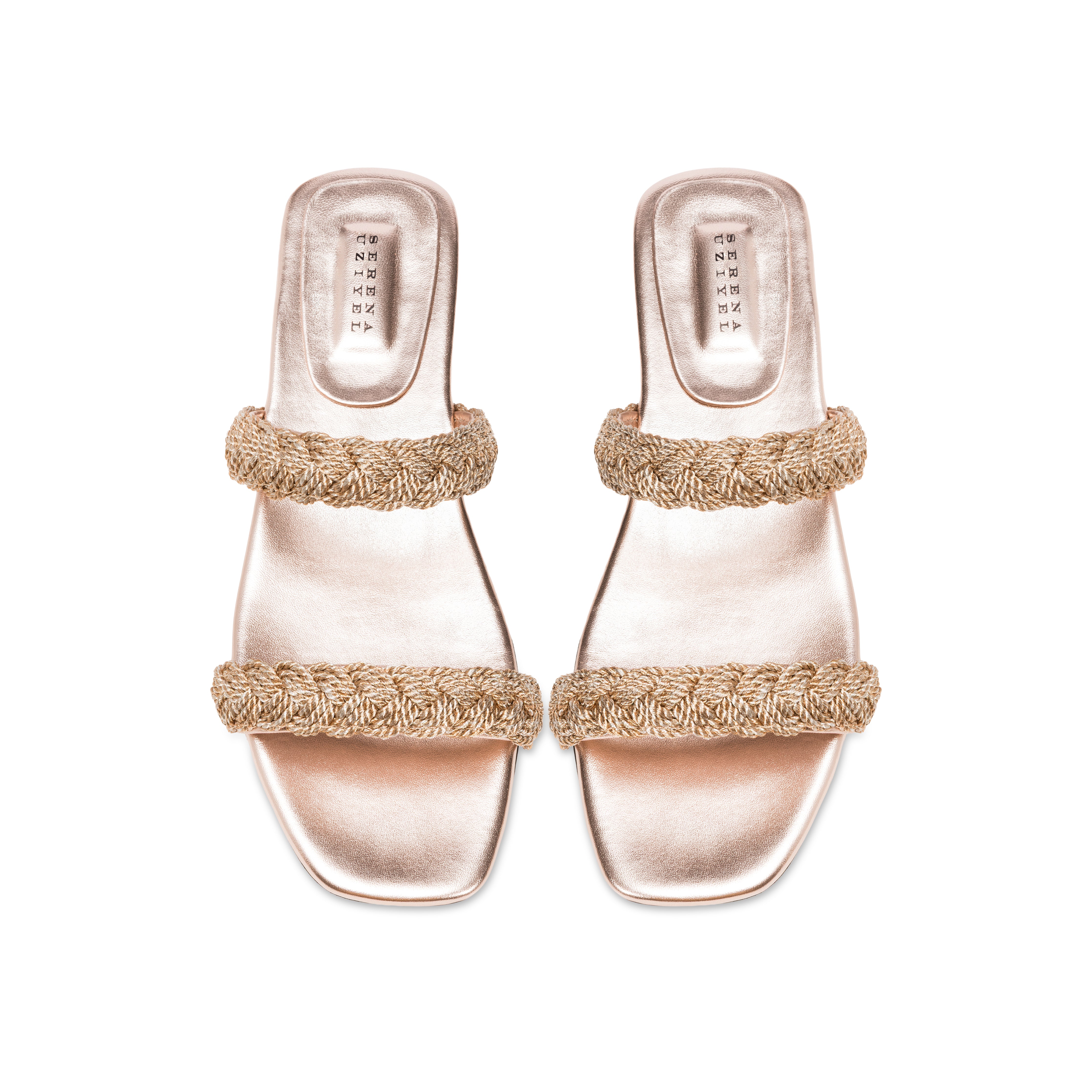 Ronda Blush Two Strap Flat Sandal with metallic braiding, elegant blush and silver tones, and refined block heel.