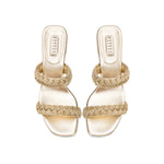 Ronda Sahara Two Strap Sandal in mekong gold with metallic braiding and block heel, perfect for day to evening wear.