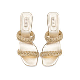 Ronda Sahara Two Strap Sandal in mekong gold with metallic braiding and block heel, perfect for day to evening wear.