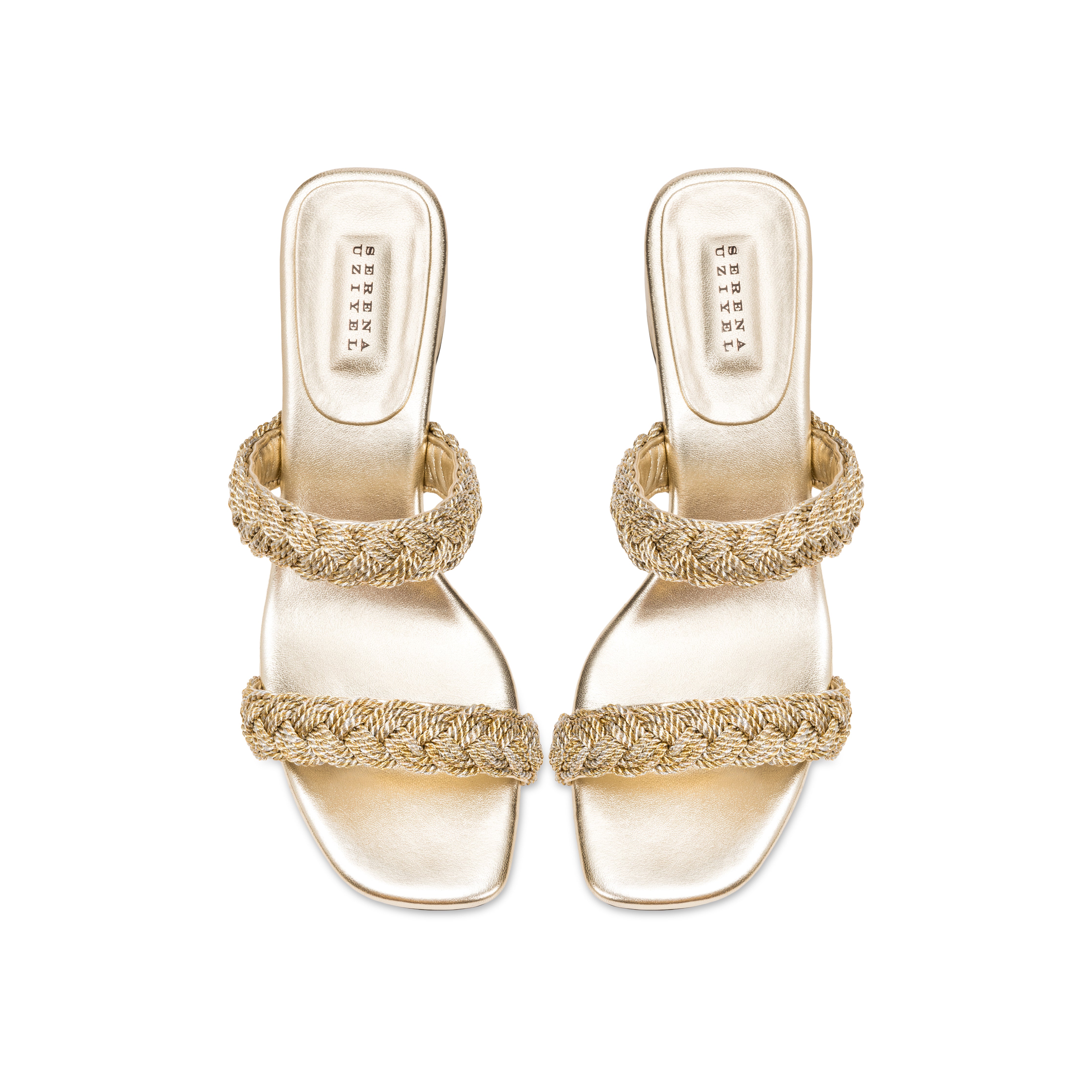 Ronda Sahara Two Strap Sandal in mekong gold with metallic braiding and block heel, perfect for day to evening wear.