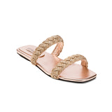 Ronda Blush Two Strap Flat Sandal features metallic braiding with block heel, perfect for day to evening wear.