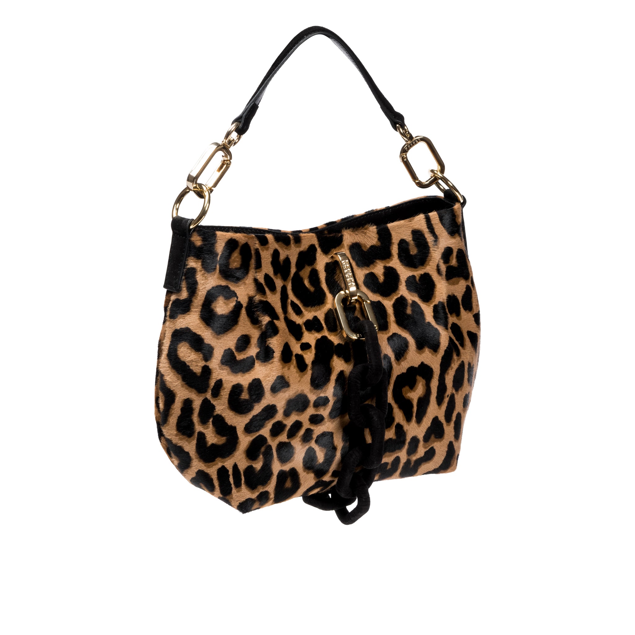 Leopard print handbag with black accents on a white background