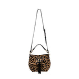 Leopard print handbag with a black strap on a white background