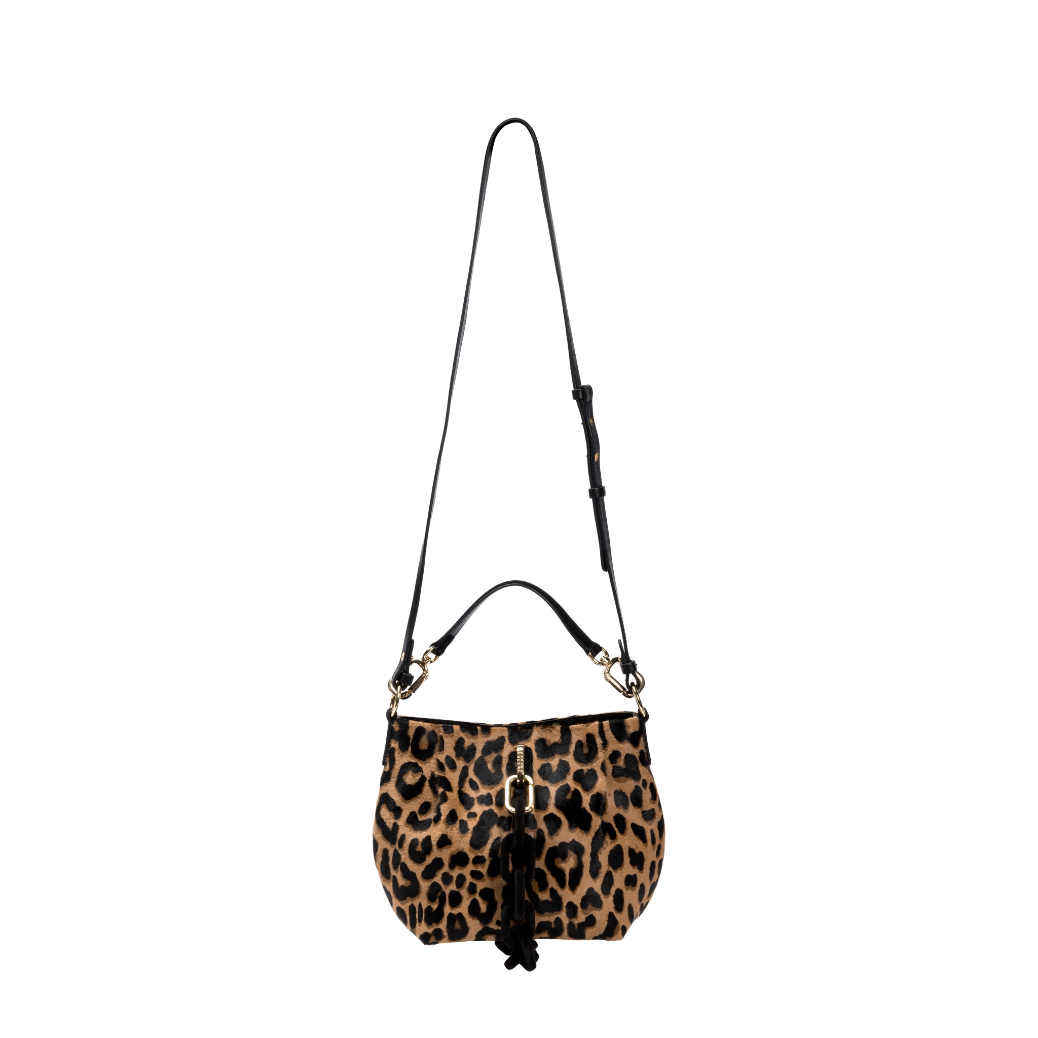 Leopard print handbag with a black strap on a white background