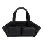 Black handbag with two square compartments on a white background