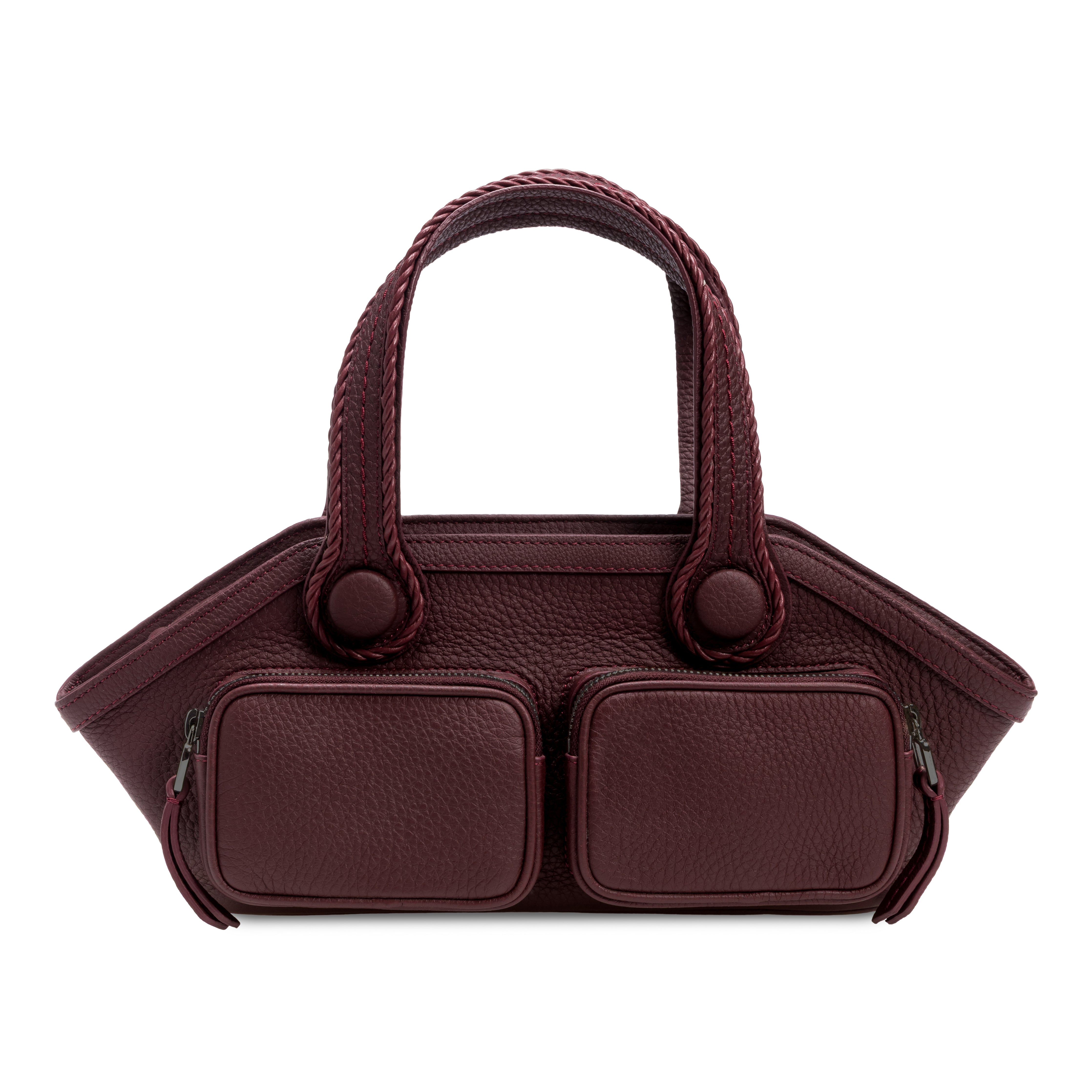 Burgundy handbag with two square compartments on a white background
