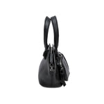 Black handbag with multiple zippers on a white background
