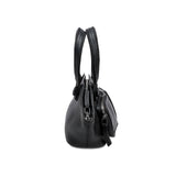 Black handbag with multiple zippers on a white background