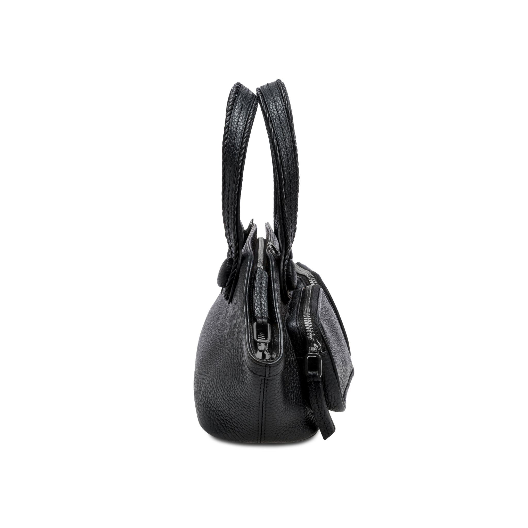 Black handbag with multiple zippers on a white background