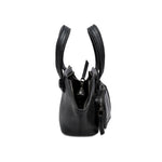 Black leather handbag with a shoulder strap on a white background