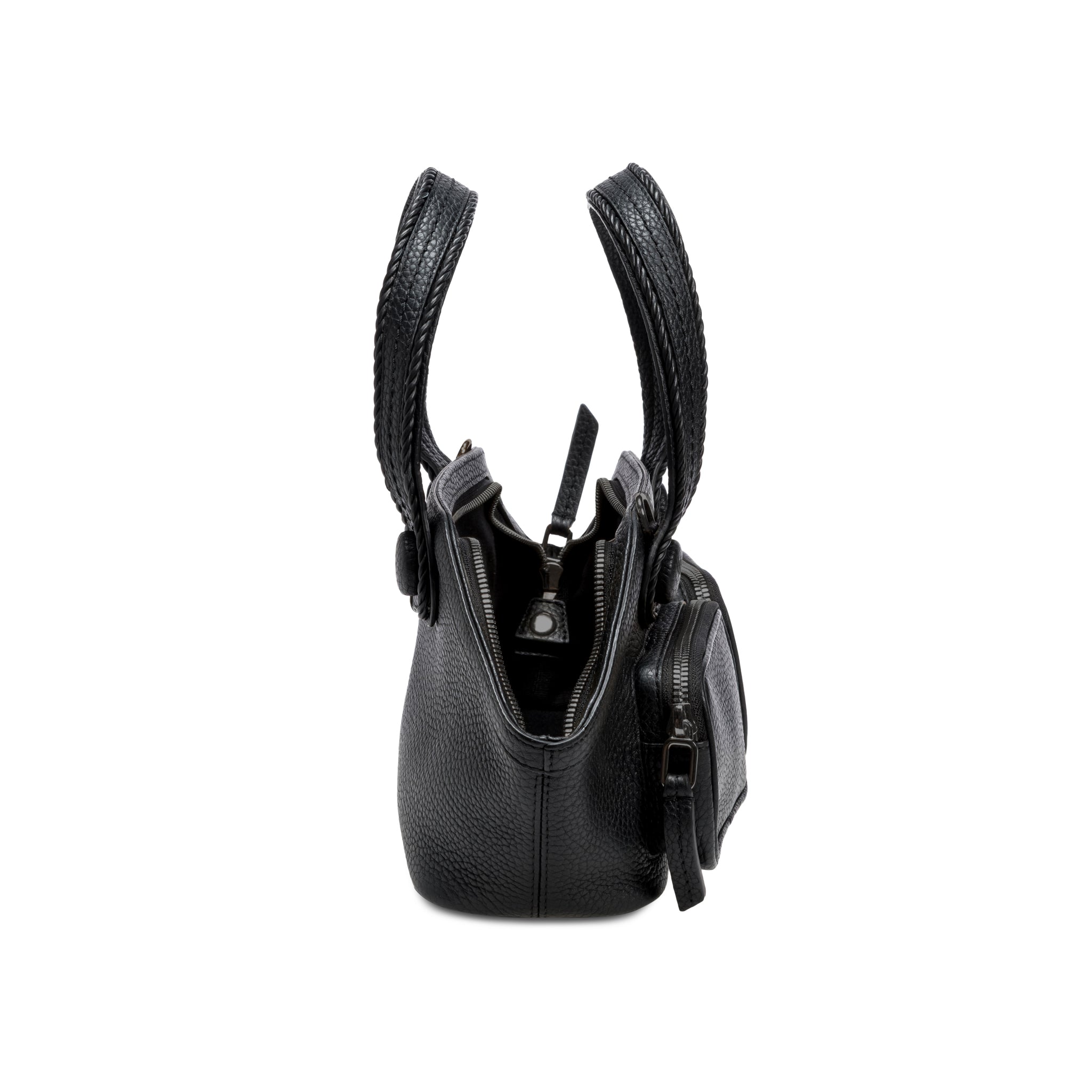 Black leather handbag with a shoulder strap on a white background