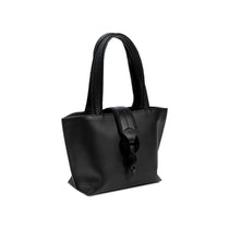 Black leather small tote bag  with a leather closure and suede details on a white background.
