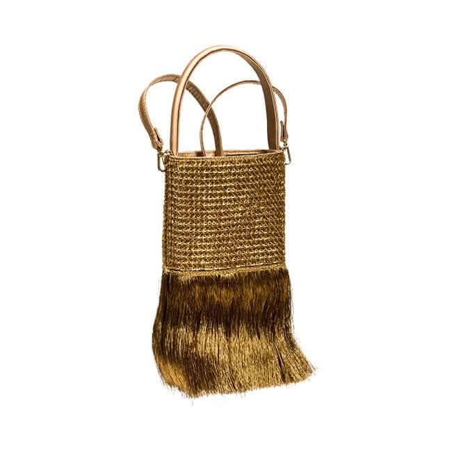Adia Antique Gold Mini Tote Bag with fringe, featuring leather and metallic cage embroidery, versatile cross-body strap.