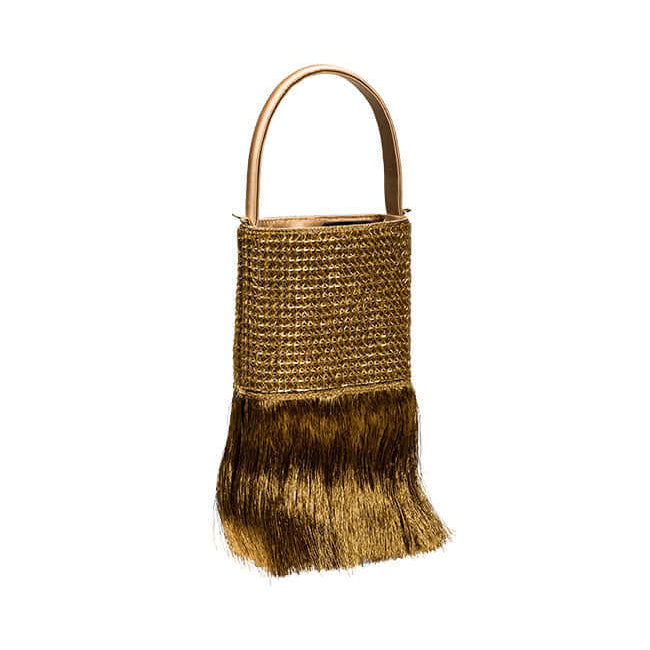 Adia Antique Gold Mini Tote Bag with fringe detailing, leather construction, and detachable cross-body strap for versatile styling.