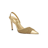Adia Gold High-Heel Slingback Pump with metallic leather caging, perfect for versatile day or night wear.