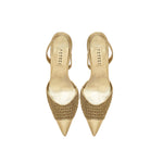 Adia Gold High-Heel Slingback Pump featuring metallic leather caging for versatile day or night wear.