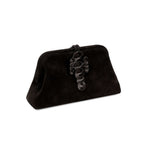 Alessa Black Pouch Bag featuring an intricate thread-wrapped coin design and tassel for an elegant touch.