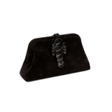 Alessa Black Pouch Bag featuring an intricate thread-wrapped coin design and tassel for an elegant touch.