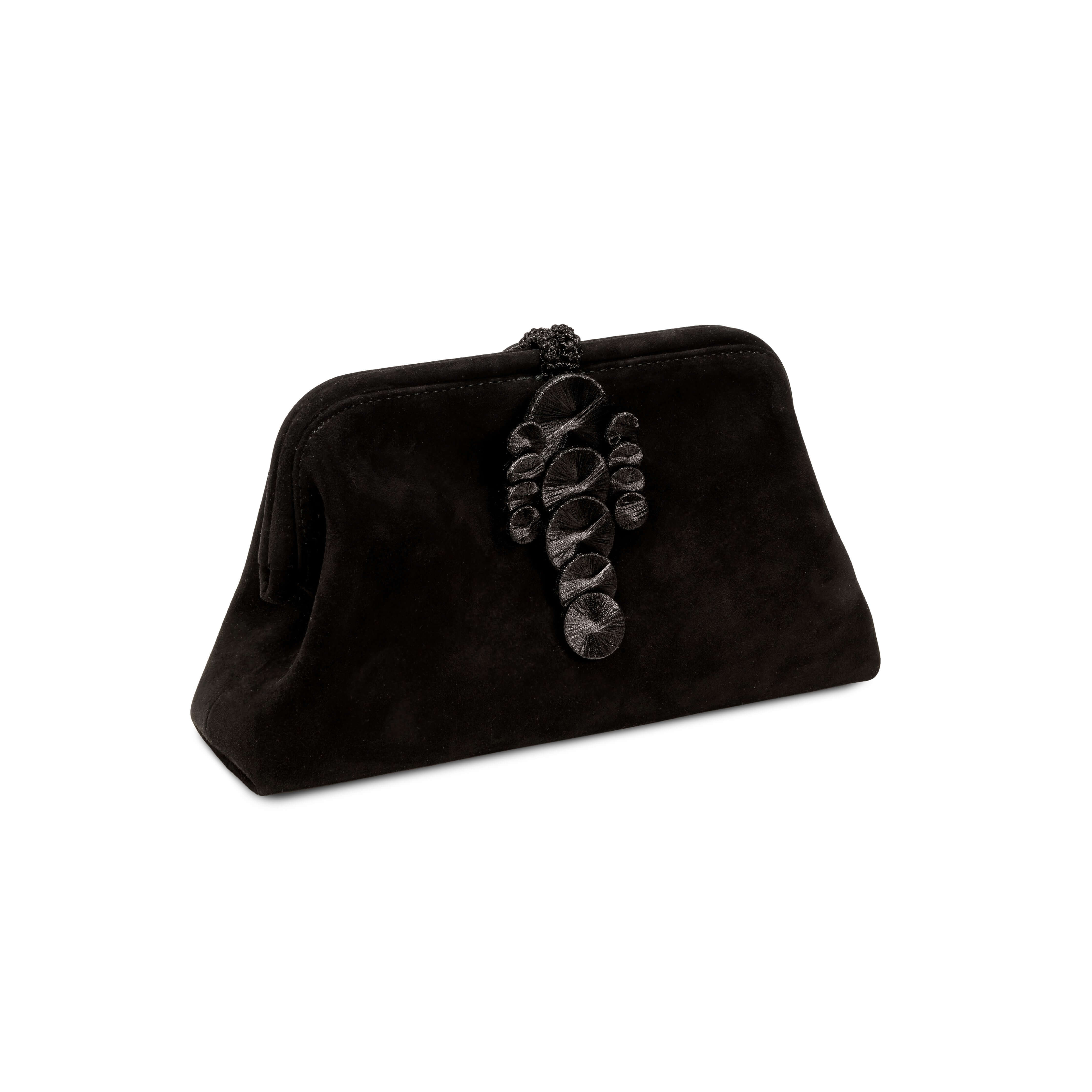 Alessa Black Pouch Bag featuring an intricate thread-wrapped coin design and tassel for an elegant touch.